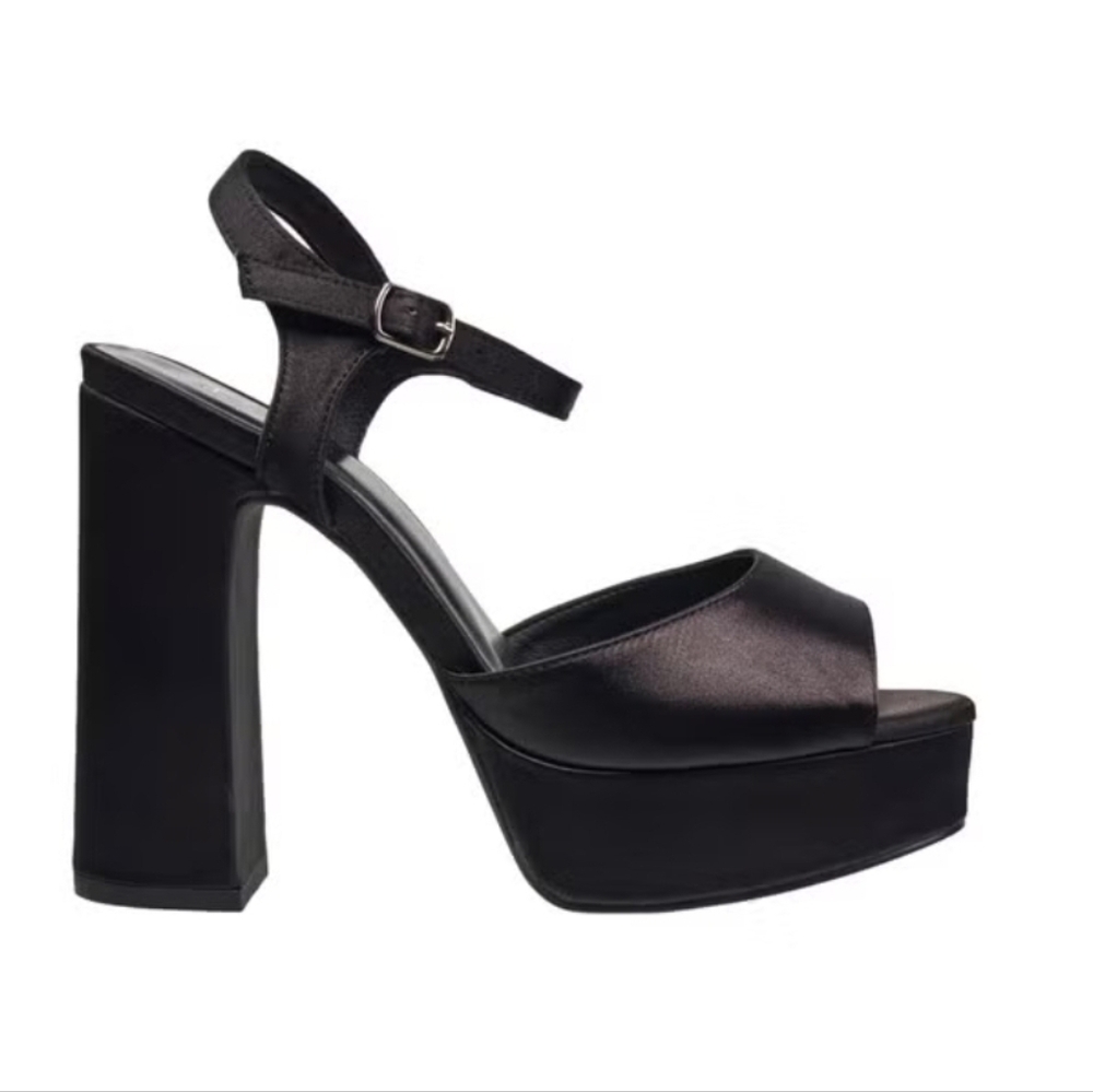 Halston Satin Black Platform Sandal Heel Pumps Strappy Ankle Size 8 New